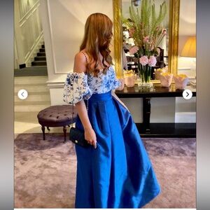 Theia Strapless Delft Blue Ball Gown with Floral Jacquard